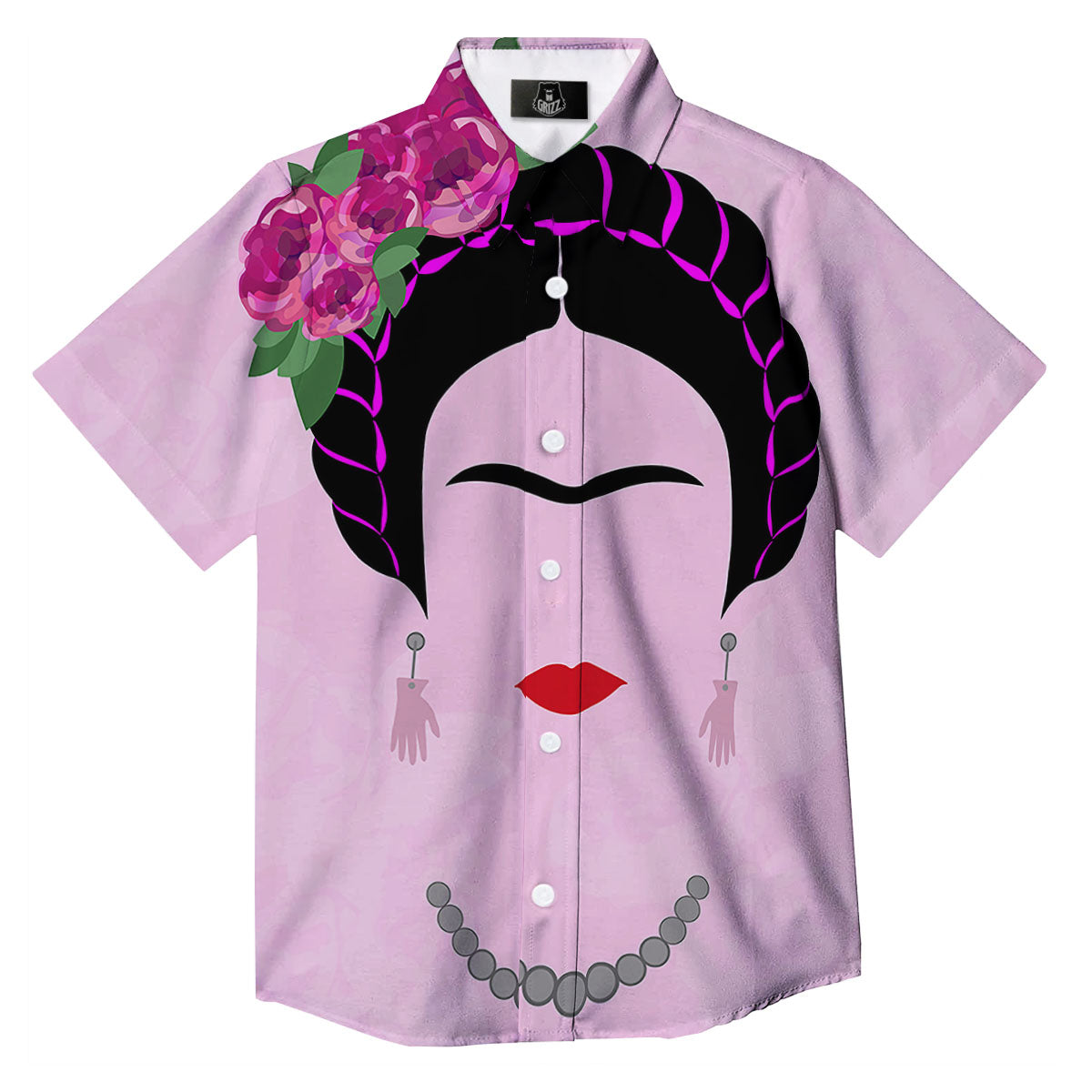 Pink Flower And Frida Kahlo Print Button Up Shirt-grizzshop