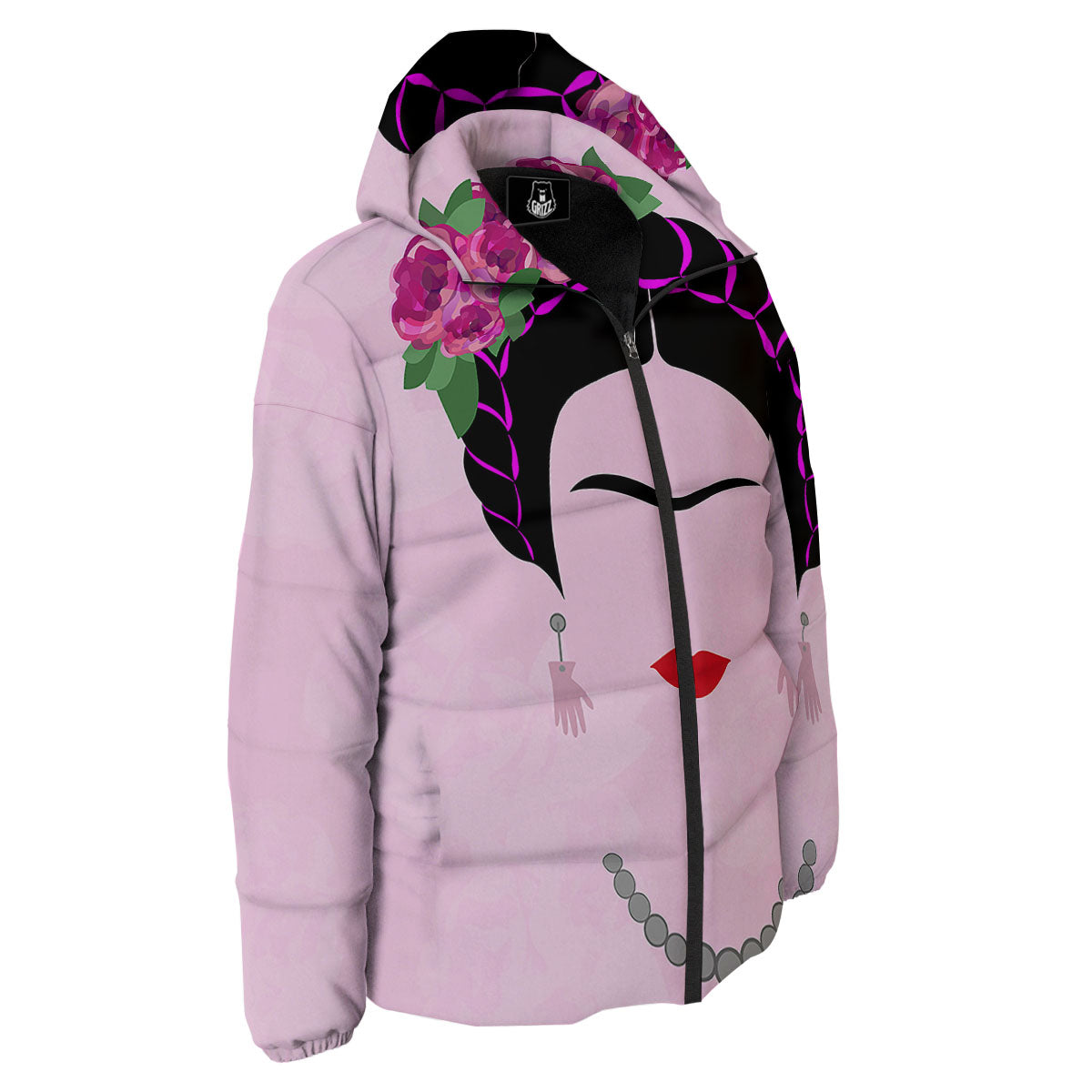 Pink Flower And Frida Kahlo Print Down Jacket-grizzshop