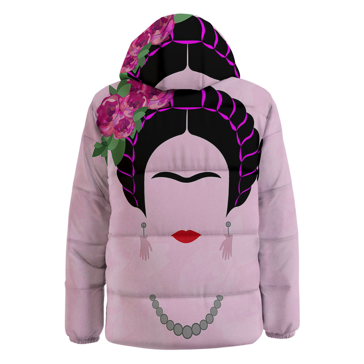 Pink Flower And Frida Kahlo Print Down Jacket-grizzshop