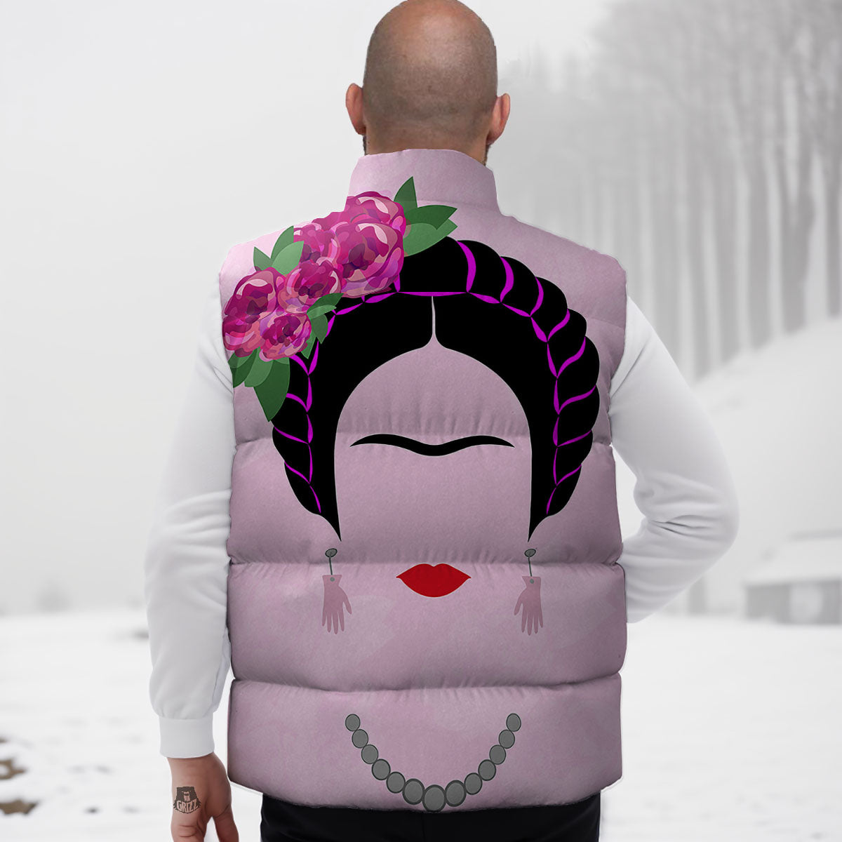 Pink Flower And Frida Kahlo Print Down Vest-grizzshop