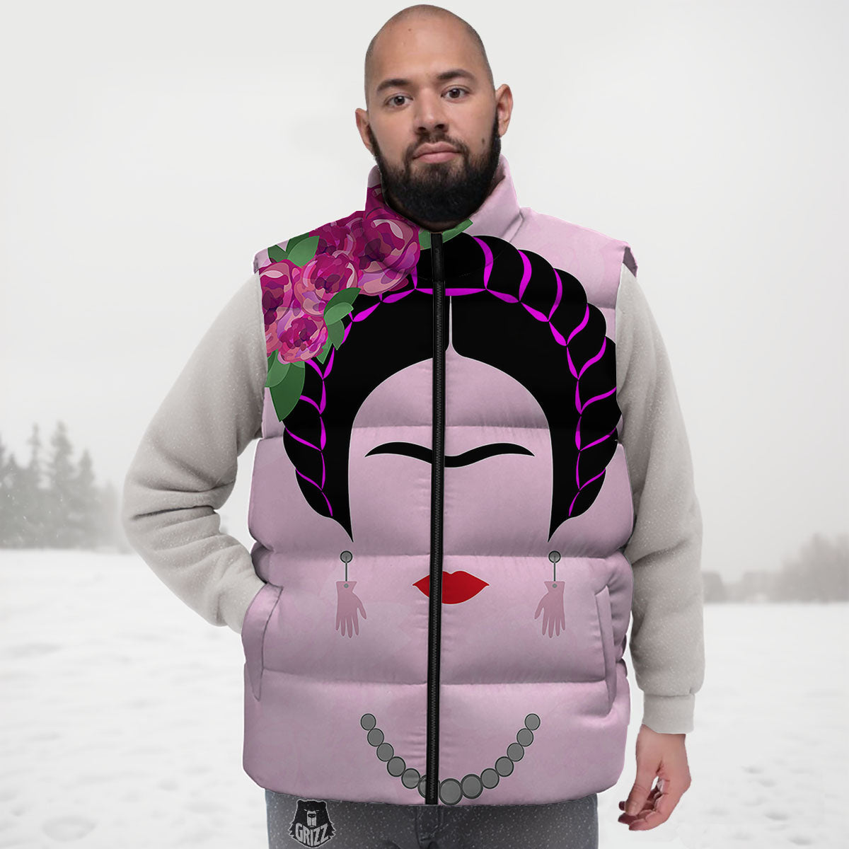 Pink Flower And Frida Kahlo Print Down Vest-grizzshop
