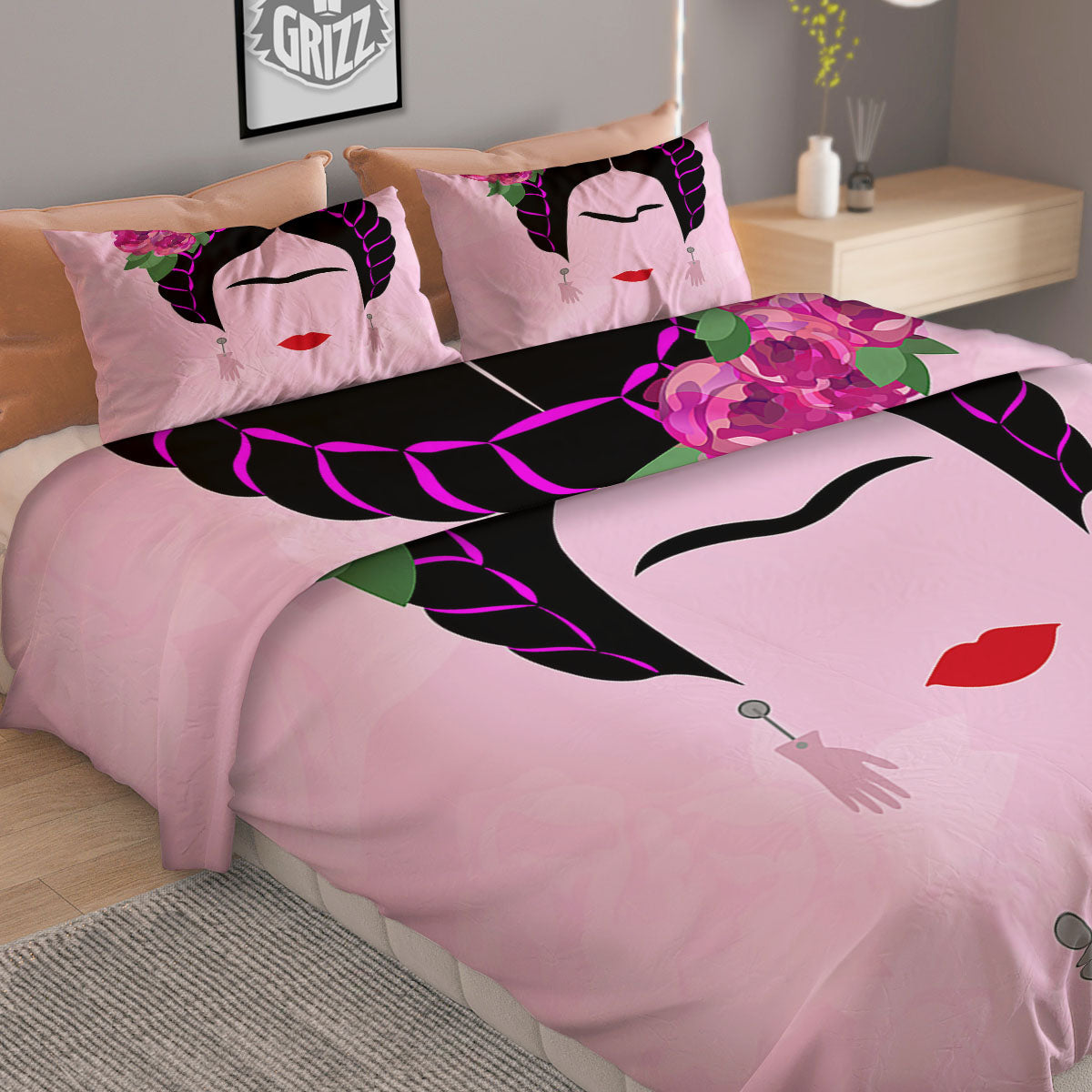 Pink Flower And Frida Kahlo Print Duvet Cover Bedding Set