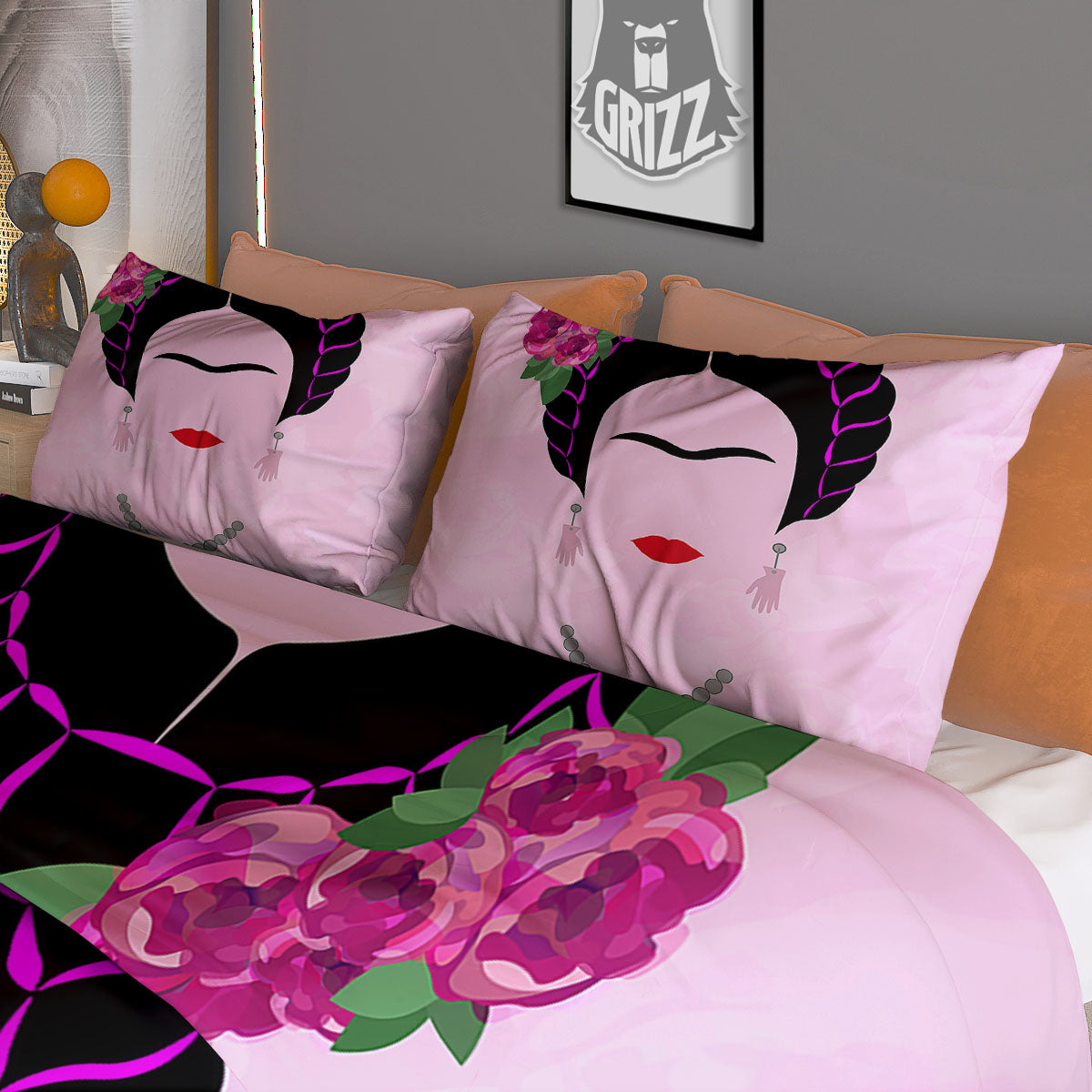 Pink Flower And Frida Kahlo Print Duvet Cover Bedding Set