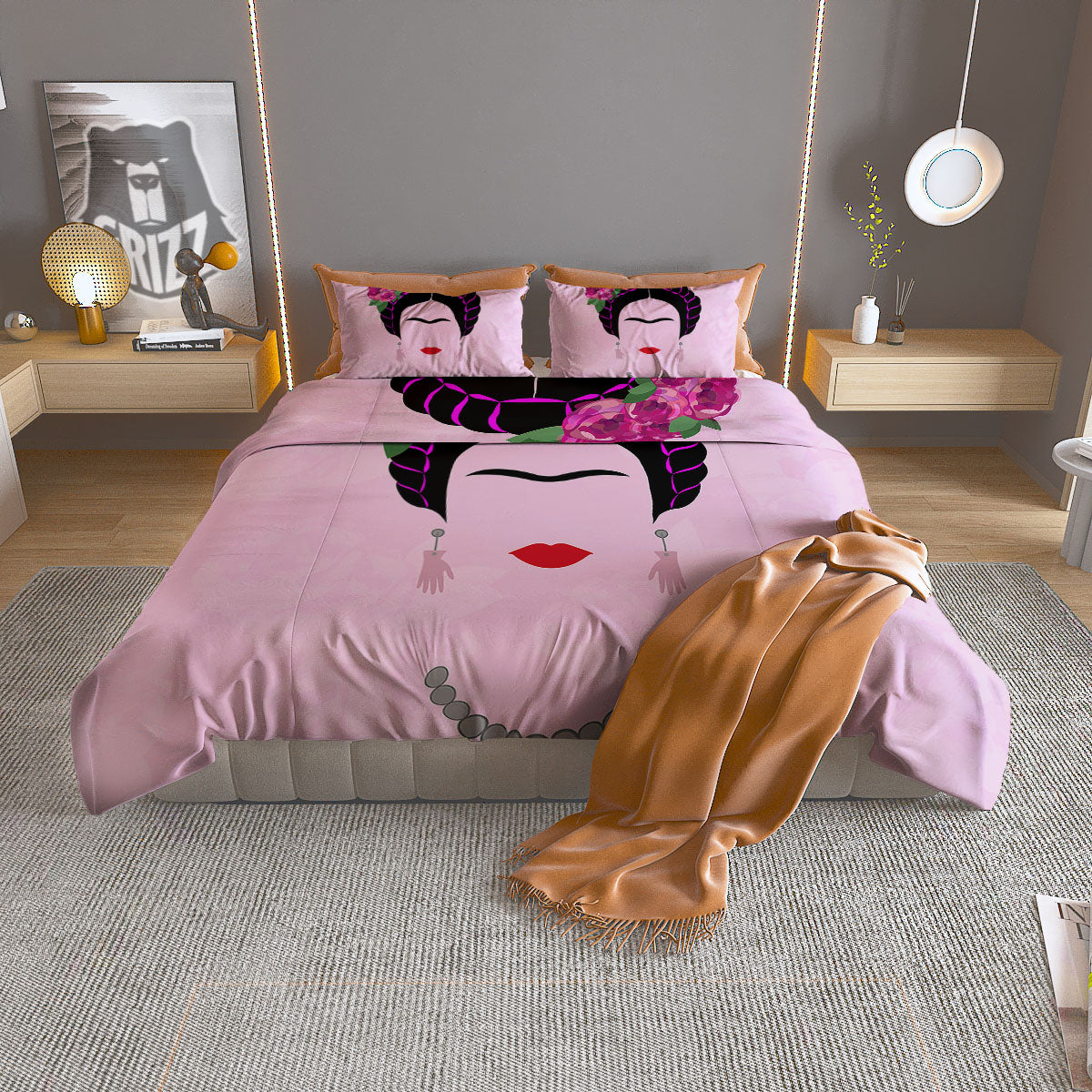 Pink Flower And Frida Kahlo Print Duvet Cover Bedding Set