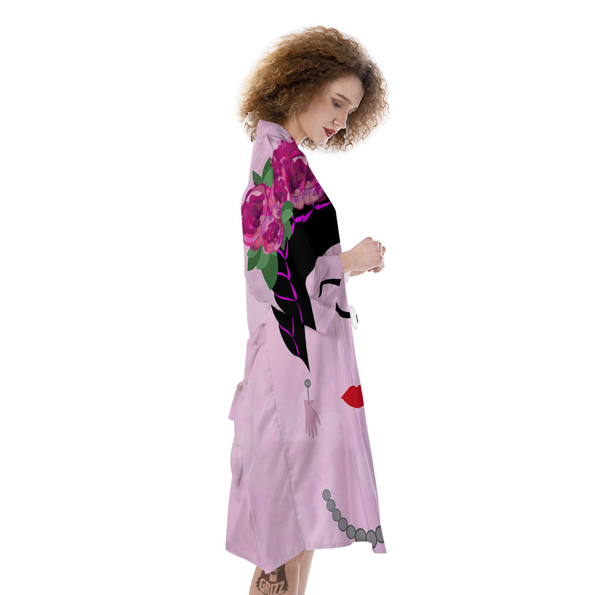 Pink Flower And Frida Kahlo Print Kimono-grizzshop