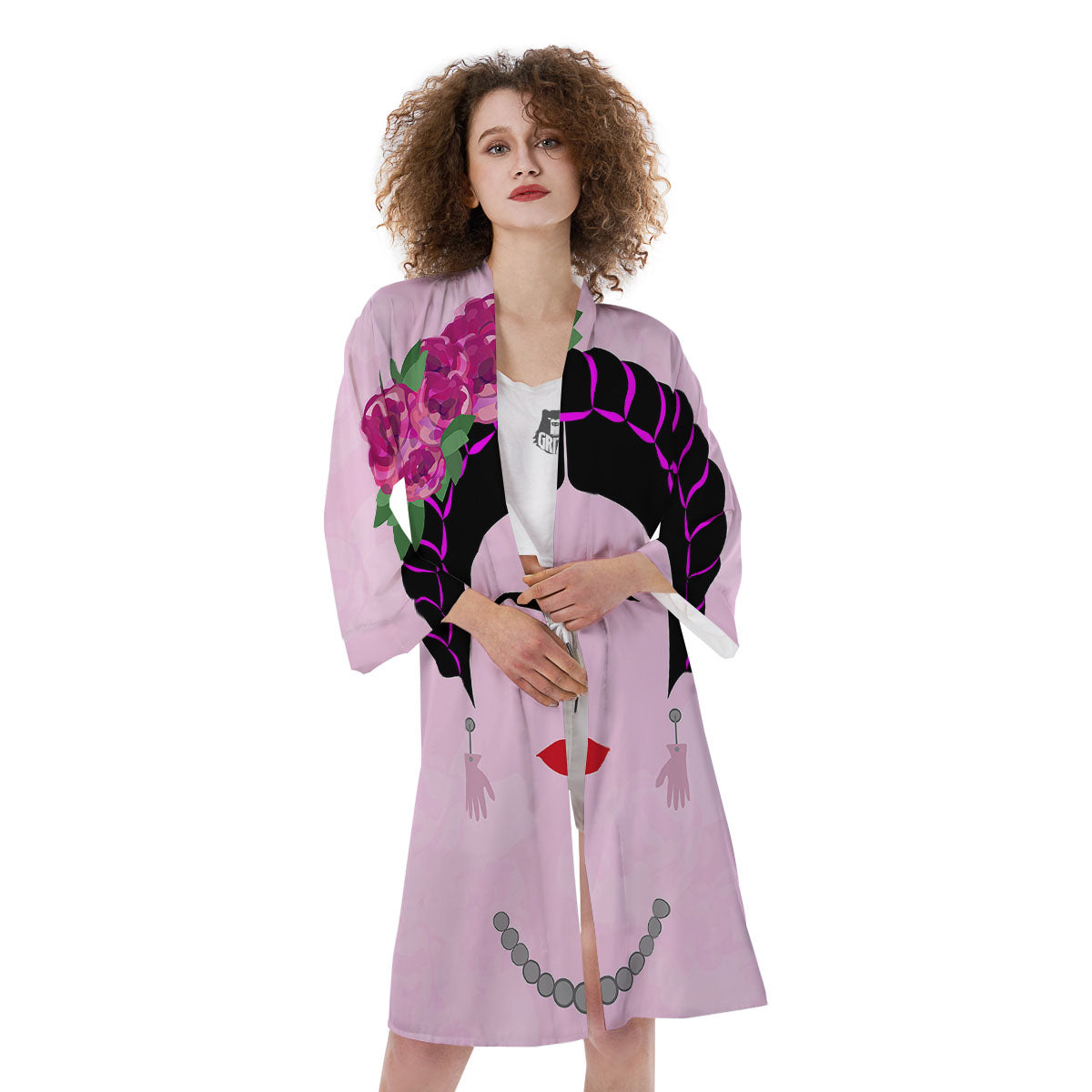 Pink Flower And Frida Kahlo Print Kimono-grizzshop