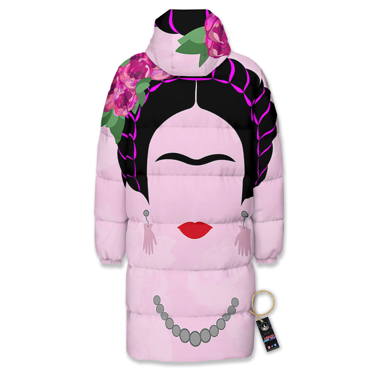 Pink Flower And Frida Kahlo Print Long Down Jacket-grizzshop