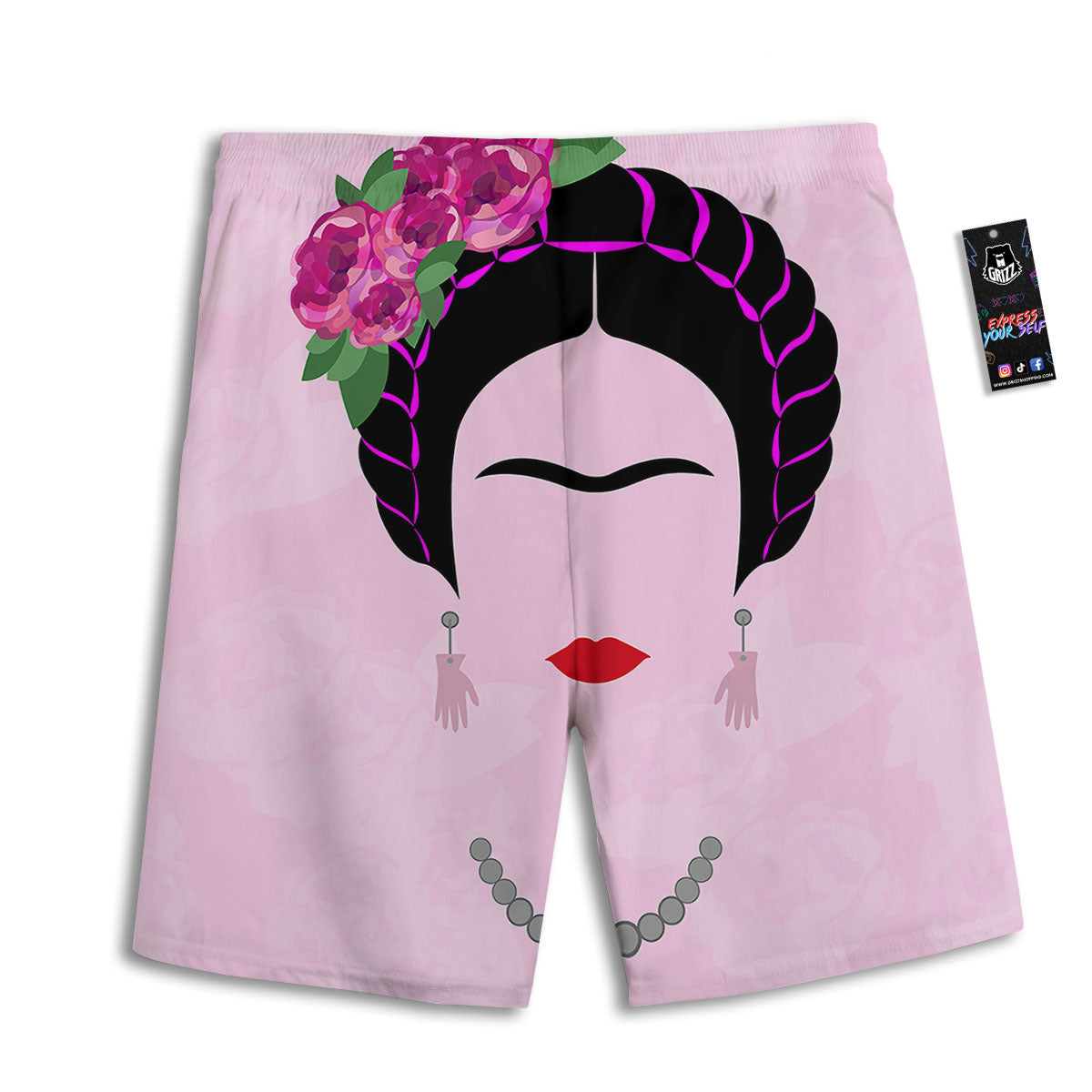 Pink Flower And Frida Kahlo Print Men's Athletic Shorts-grizzshop