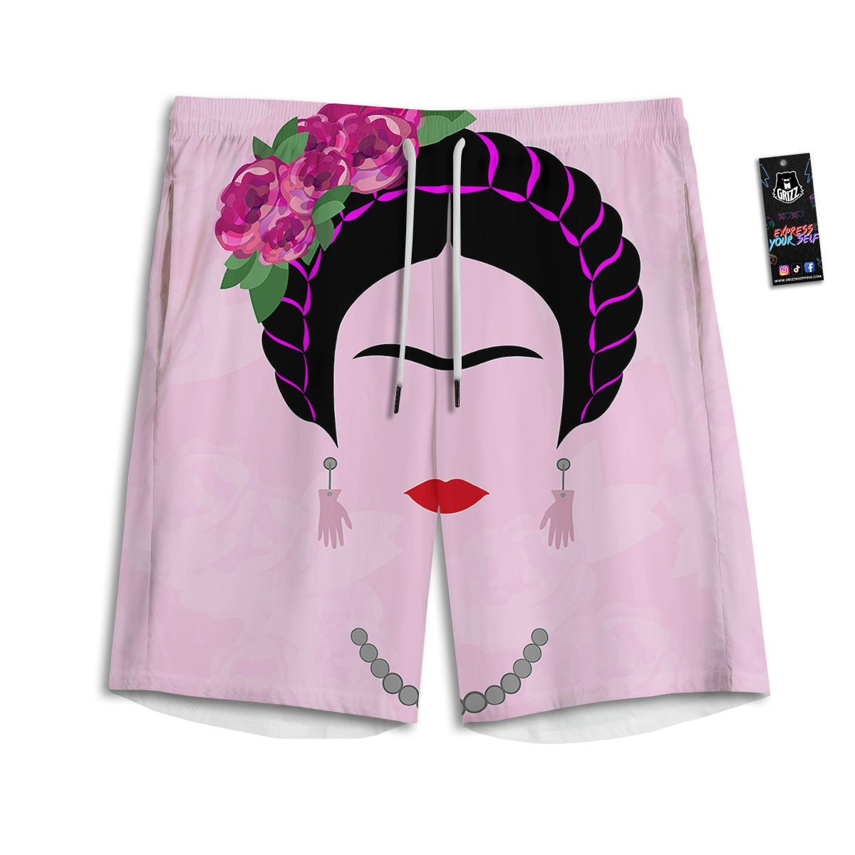 Pink Flower And Frida Kahlo Print Men's Athletic Shorts-grizzshop