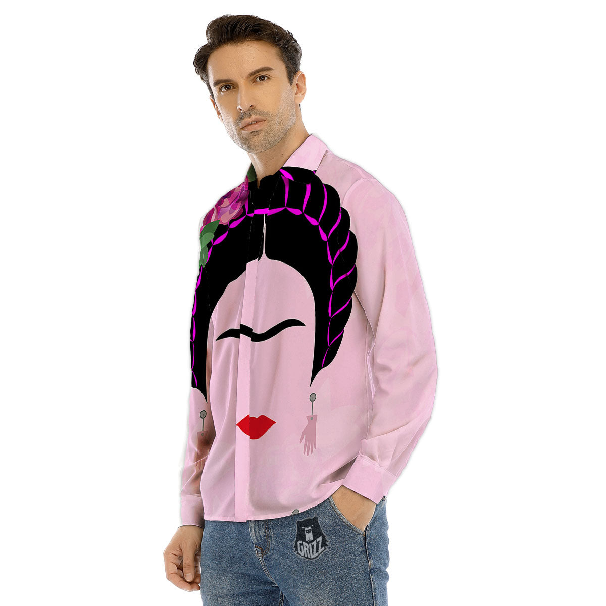 Pink Flower And Frida Kahlo Print Men's Dress Shirts-grizzshop