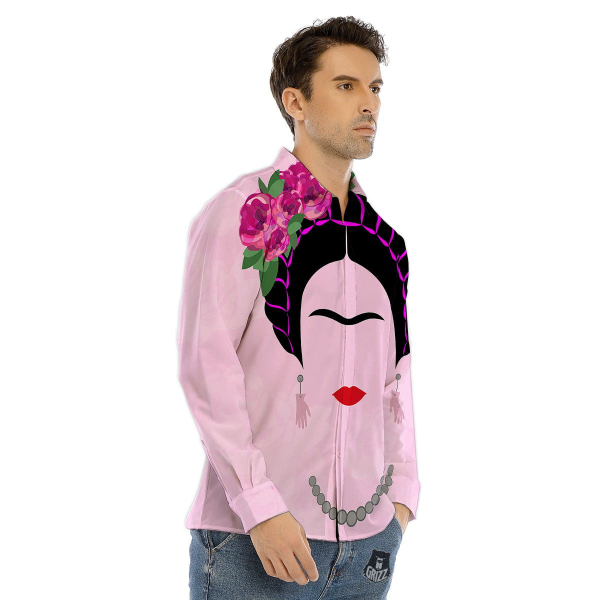 Pink Flower And Frida Kahlo Print Men's Dress Shirts-grizzshop