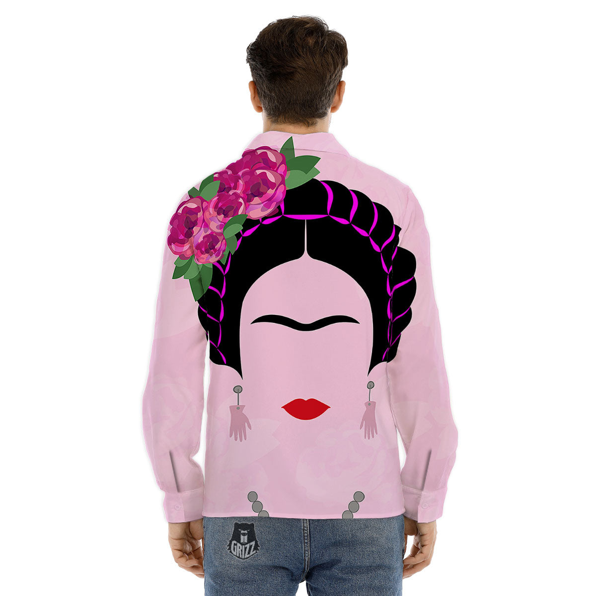 Pink Flower And Frida Kahlo Print Men's Dress Shirts-grizzshop