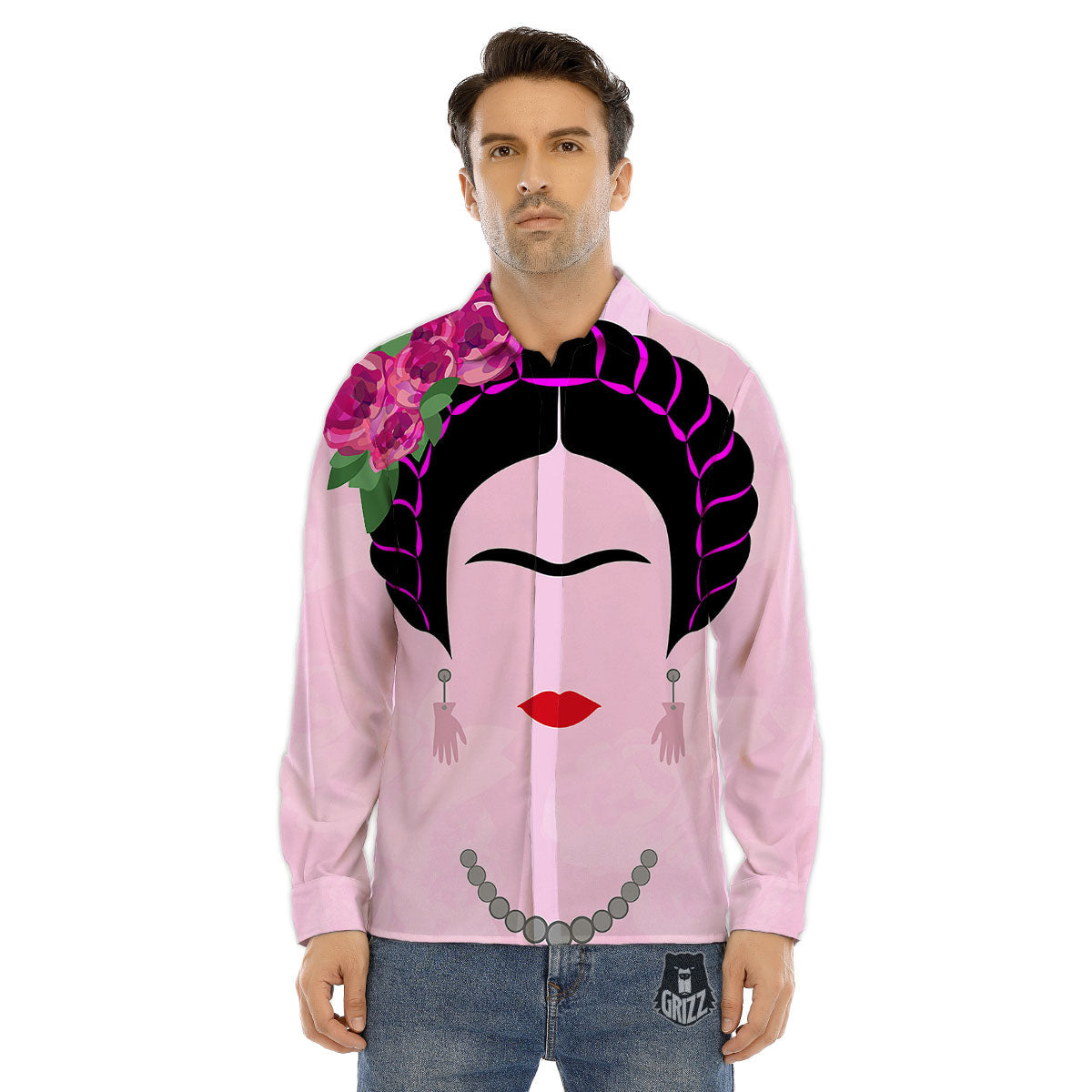 Pink Flower And Frida Kahlo Print Men's Dress Shirts-grizzshop