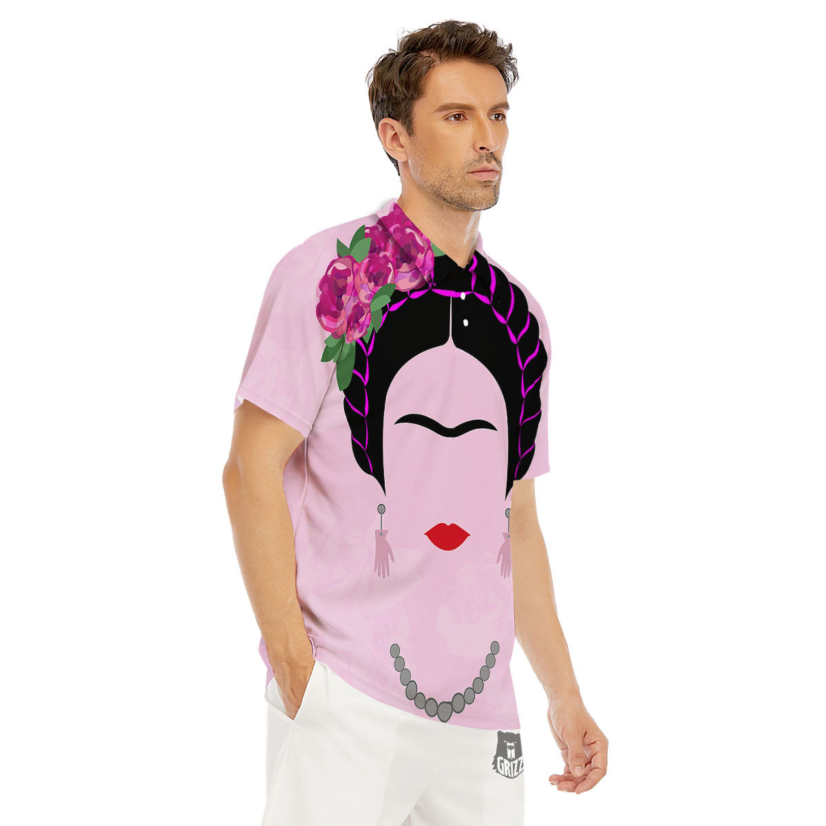 Pink Flower And Frida Kahlo Print Men's Golf Shirts-grizzshop