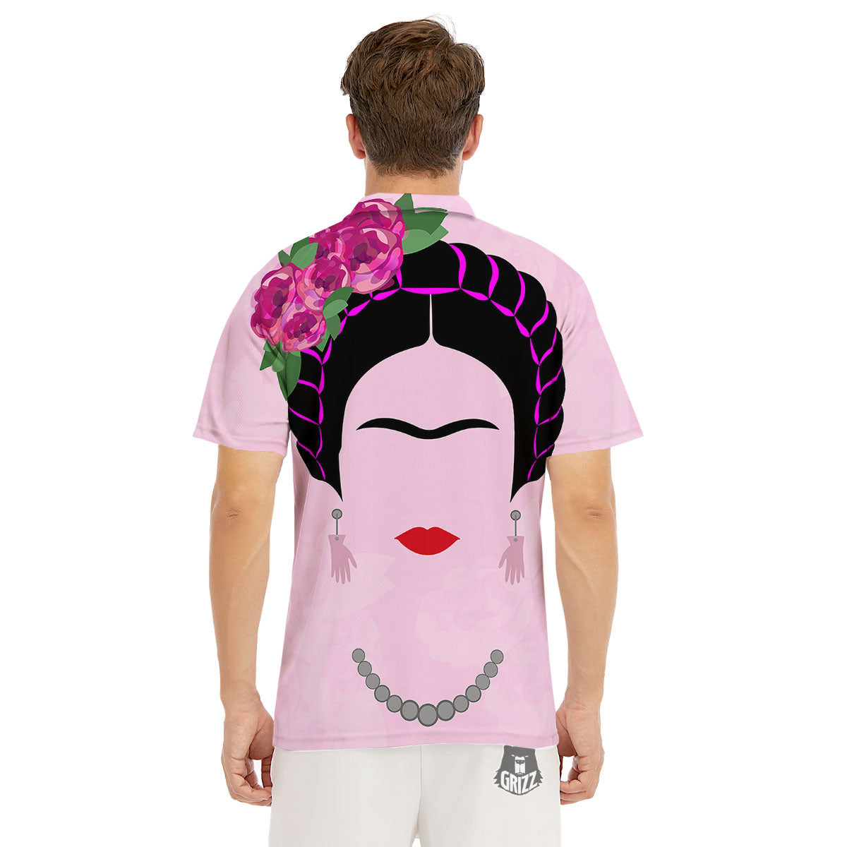 Pink Flower And Frida Kahlo Print Men's Golf Shirts-grizzshop