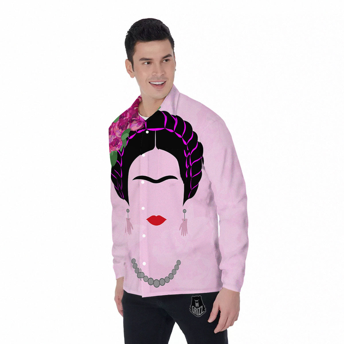 Pink Flower And Frida Kahlo Print Men's Long Sleeve Shirts-grizzshop