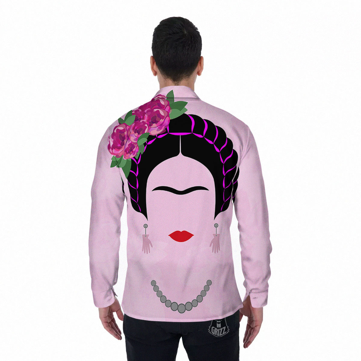 Pink Flower And Frida Kahlo Print Men's Long Sleeve Shirts-grizzshop