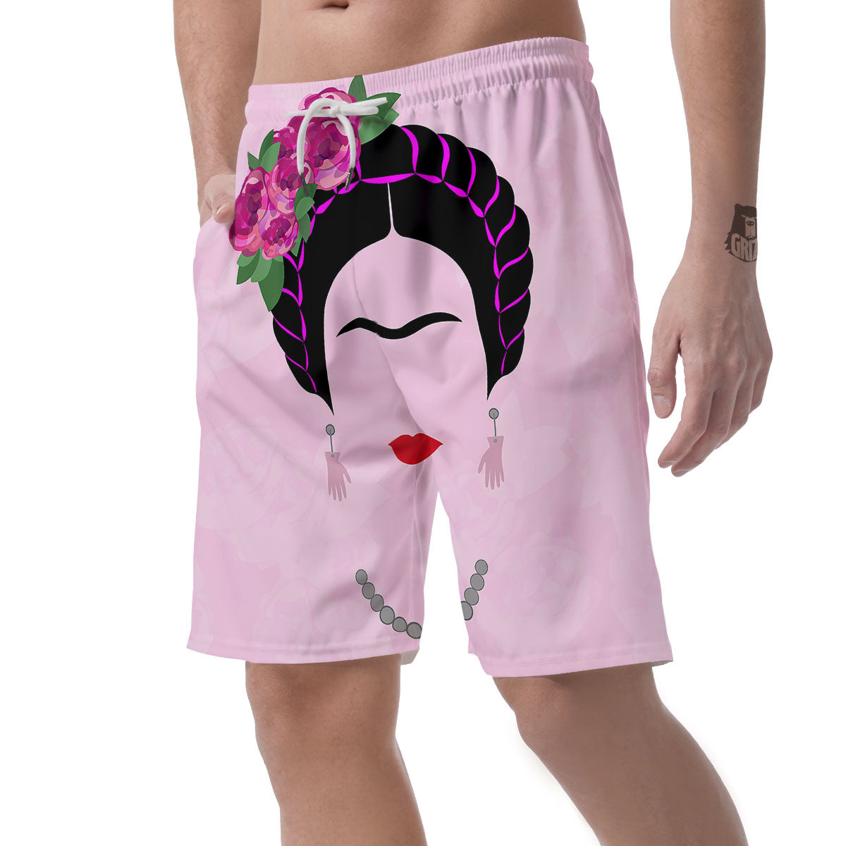 Pink Flower And Frida Kahlo Print Men's Shorts-grizzshop