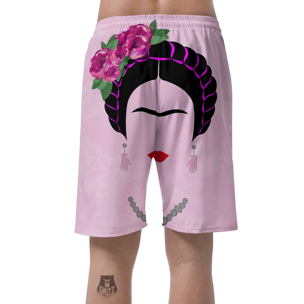 Pink Flower And Frida Kahlo Print Men's Shorts-grizzshop