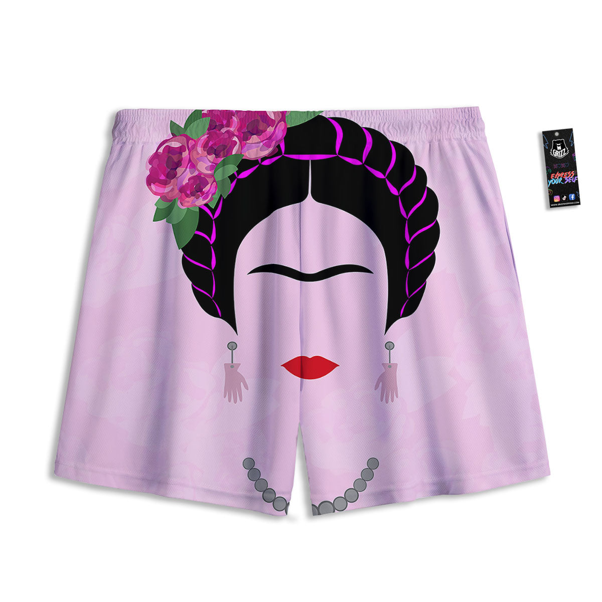 Pink Flower And Frida Kahlo Print Mesh Shorts