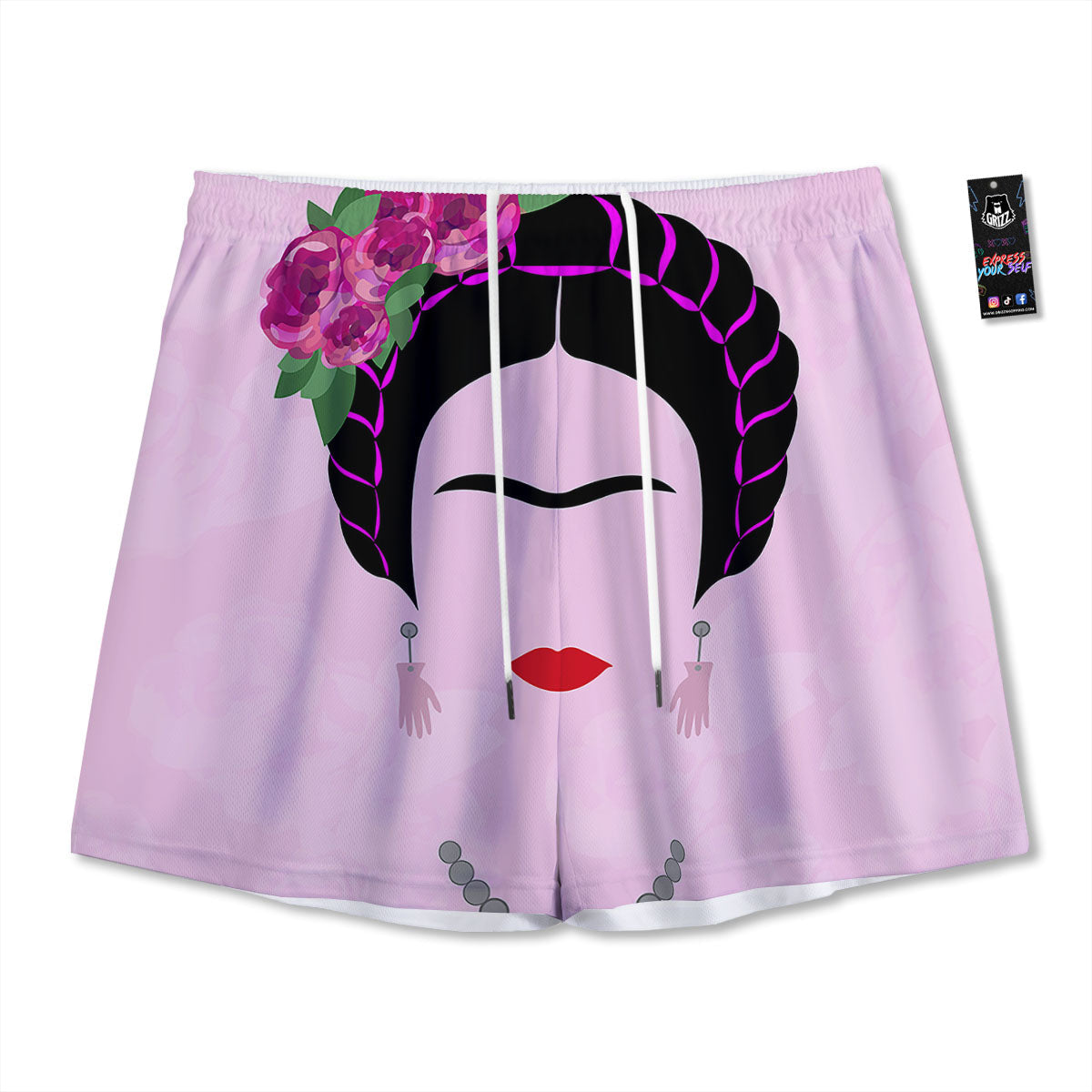 Pink Flower And Frida Kahlo Print Mesh Shorts