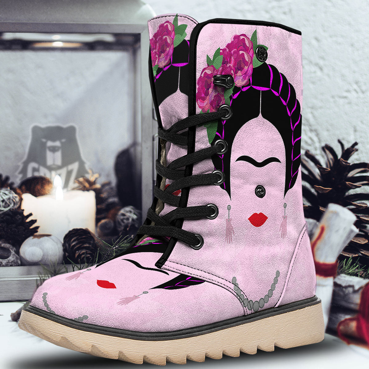 Pink Flower And Frida Kahlo Print Snow Boots-grizzshop