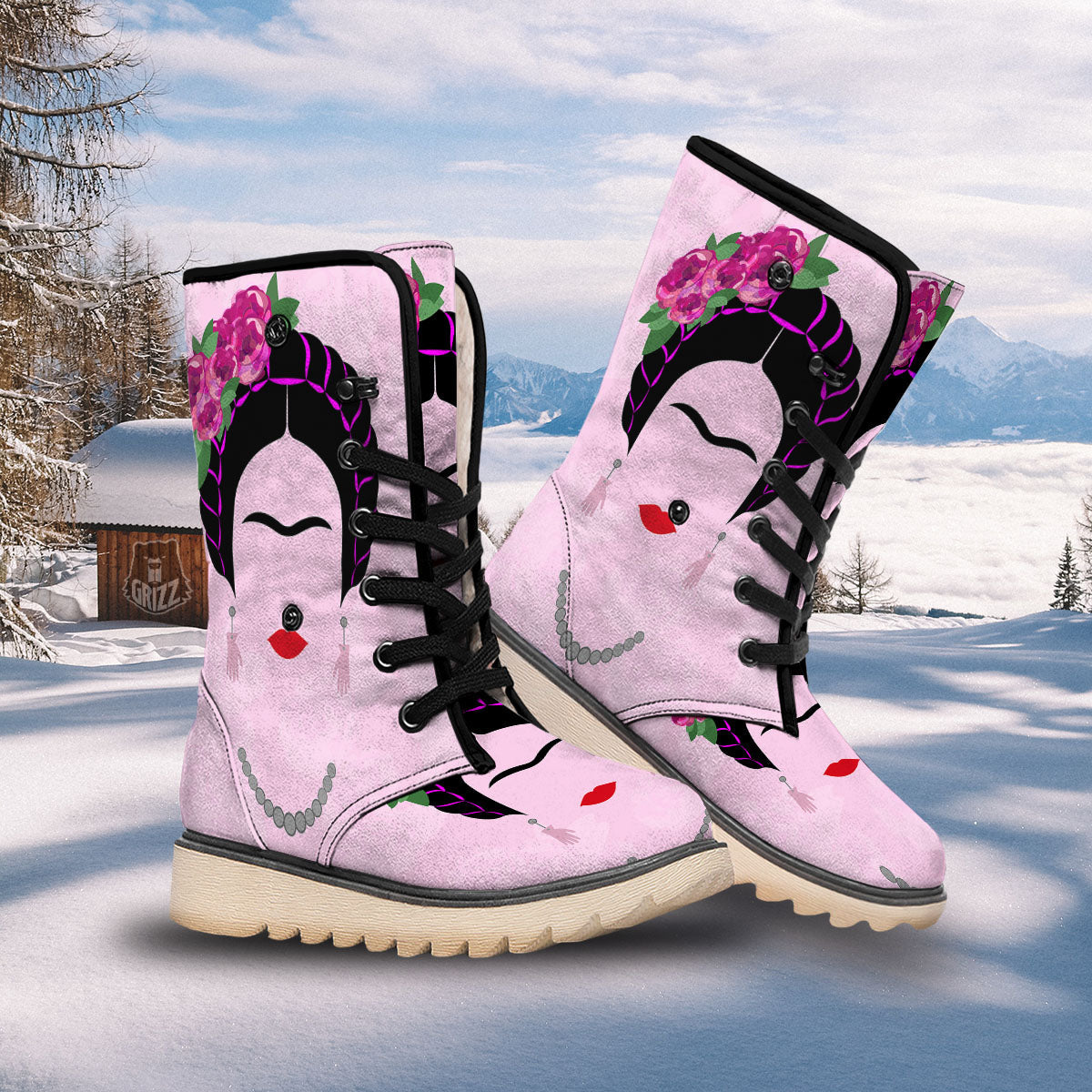 Pink Flower And Frida Kahlo Print Snow Boots-grizzshop
