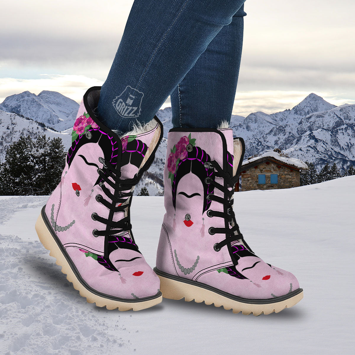 Pink Flower And Frida Kahlo Print Snow Boots-grizzshop