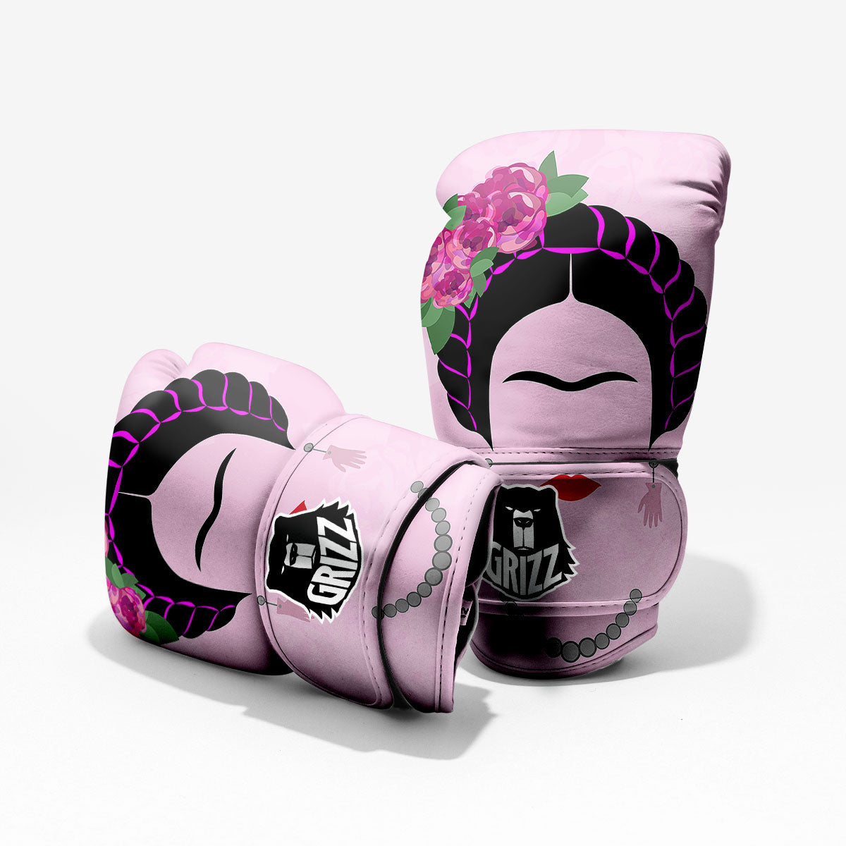 Pink Flower And Frida Kahlo Print Sparring Gloves-grizzshop