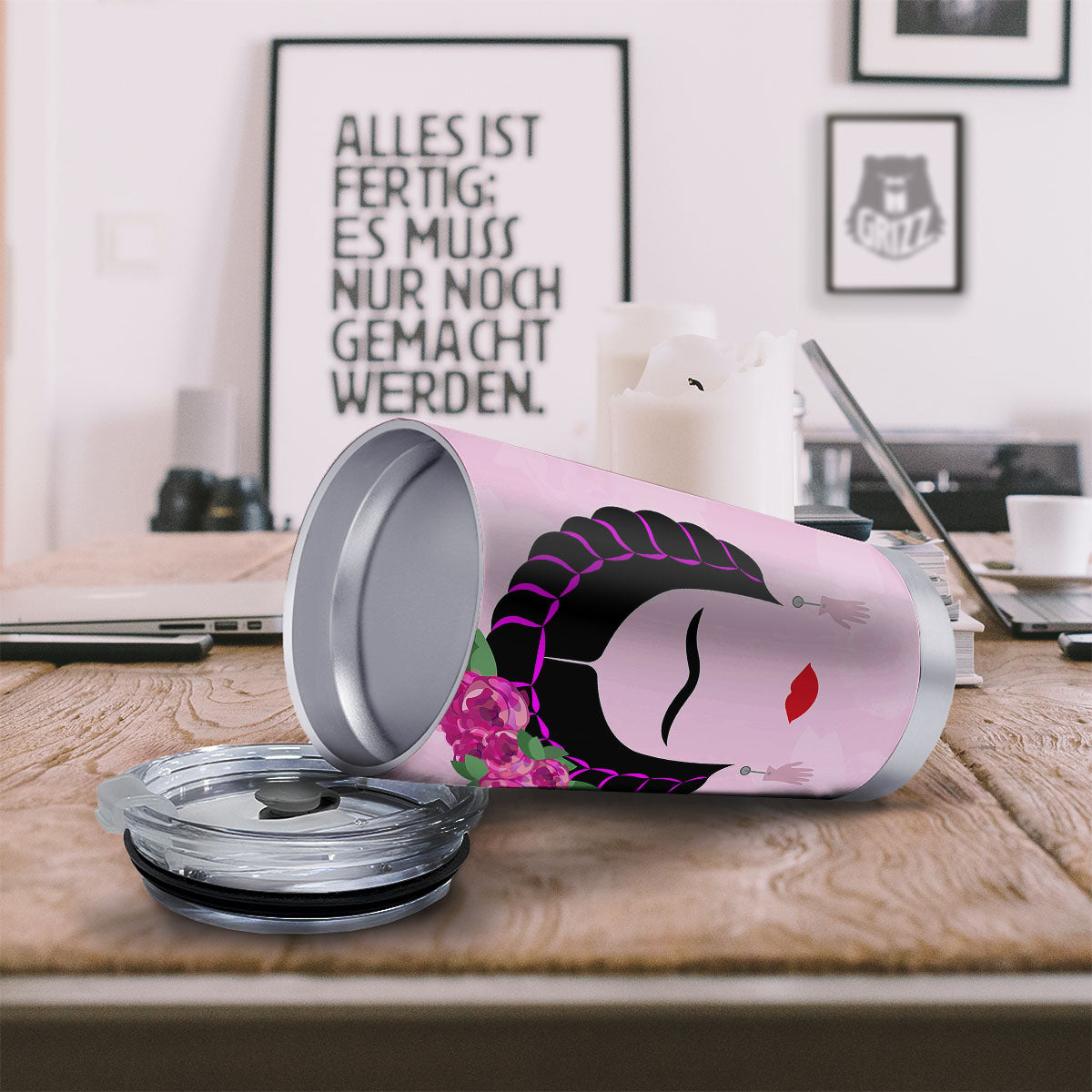 Pink Flower And Frida Kahlo Print Tumbler-grizzshop