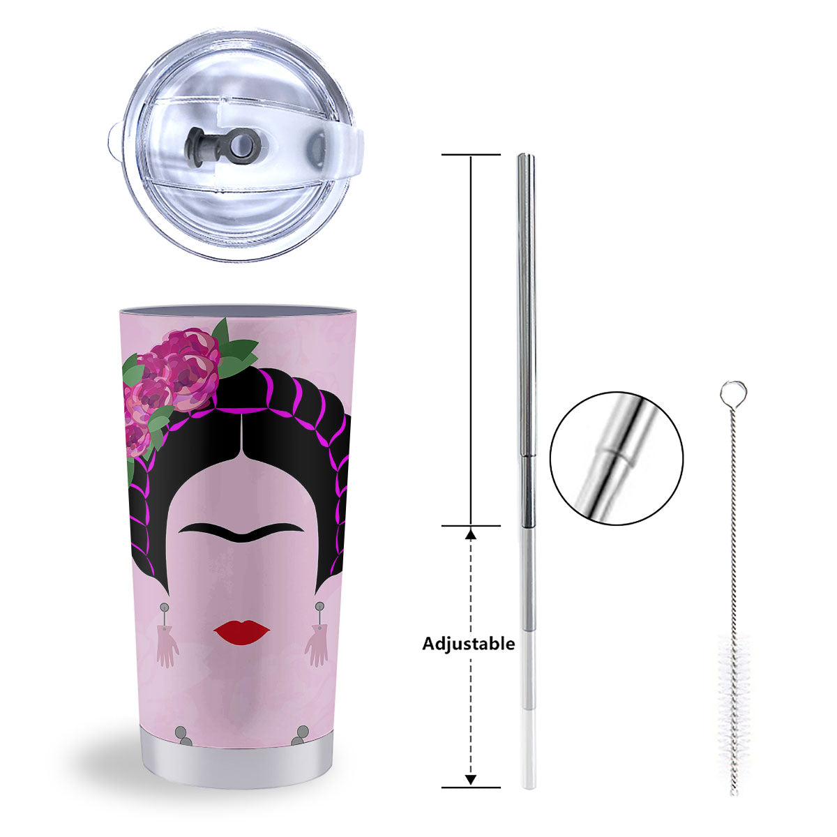 Pink Flower And Frida Kahlo Print Tumbler-grizzshop