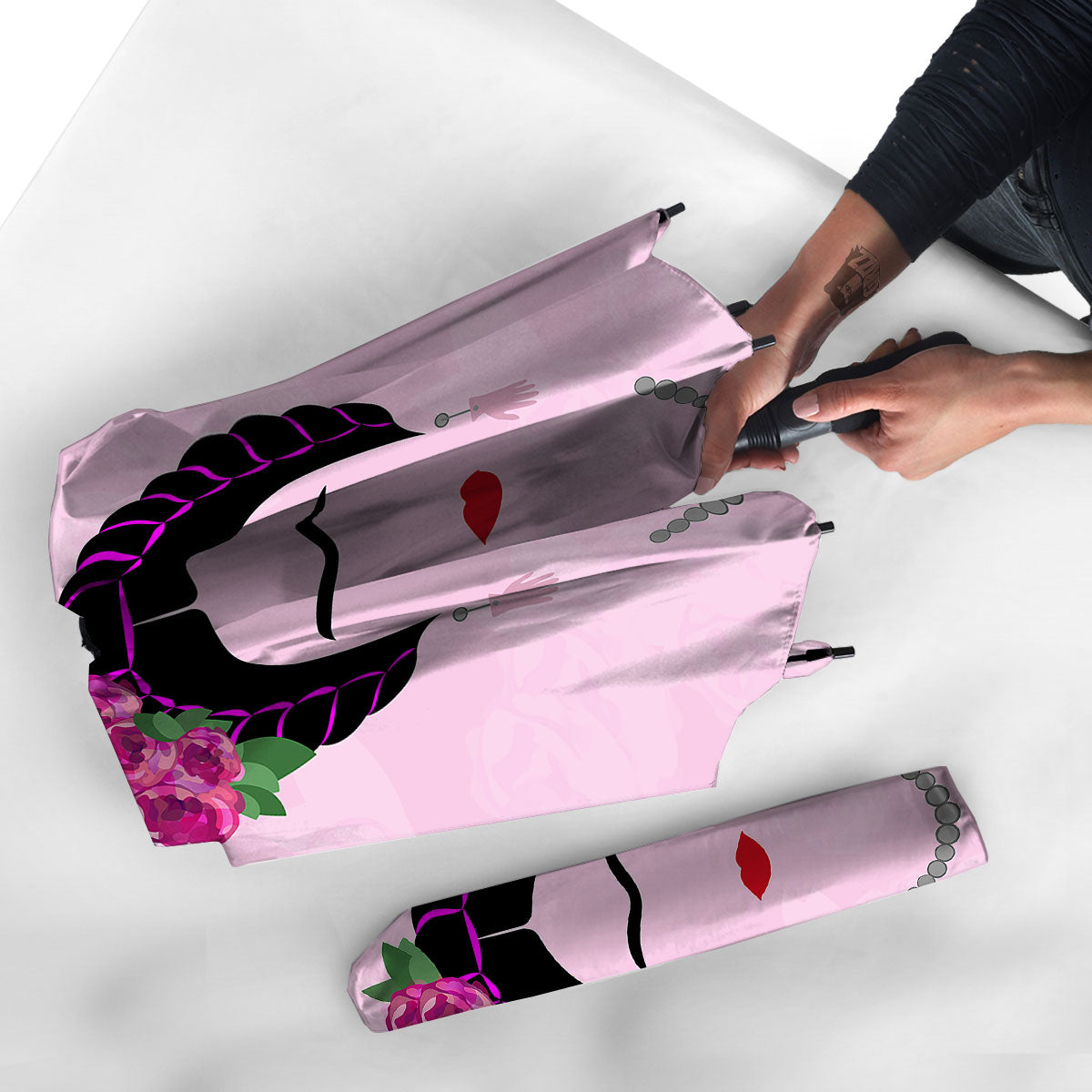 Pink Flower And Frida Kahlo Print Umbrella-grizzshop