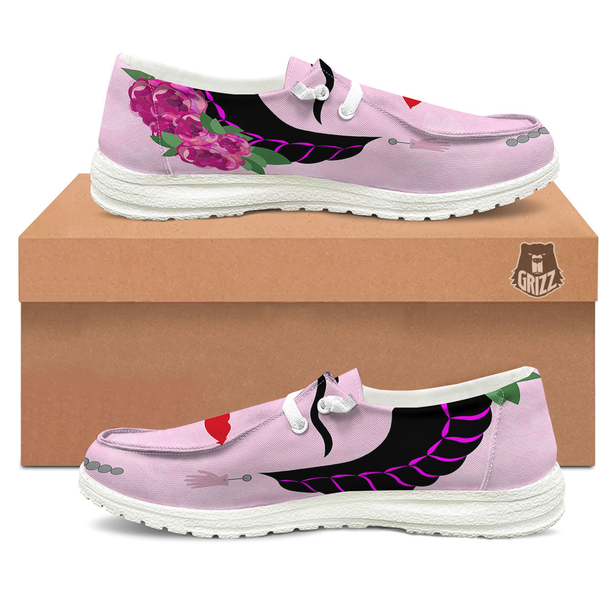 Pink Flower And Frida Kahlo Print White Loafers-grizzshop