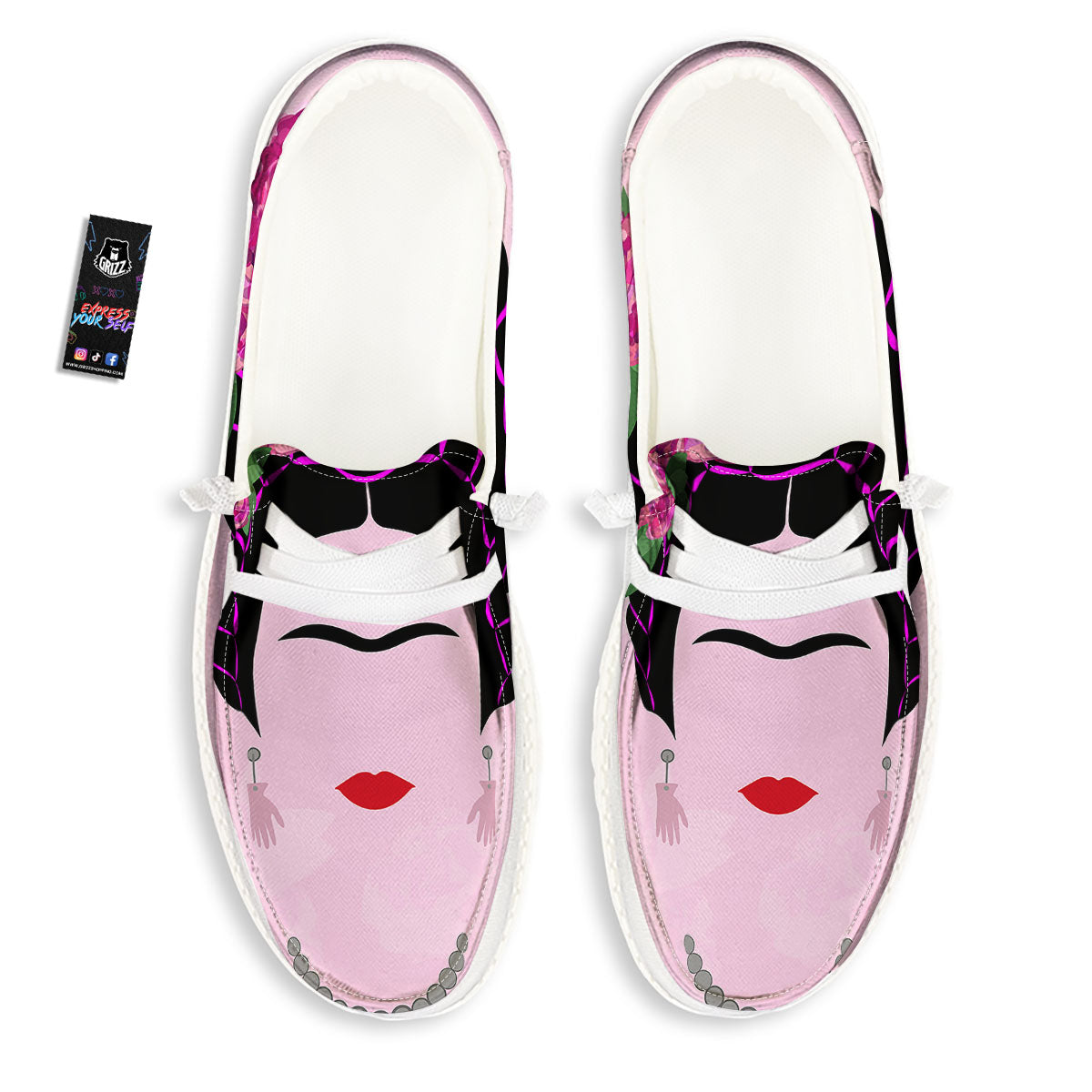 Pink Flower And Frida Kahlo Print White Loafers-grizzshop