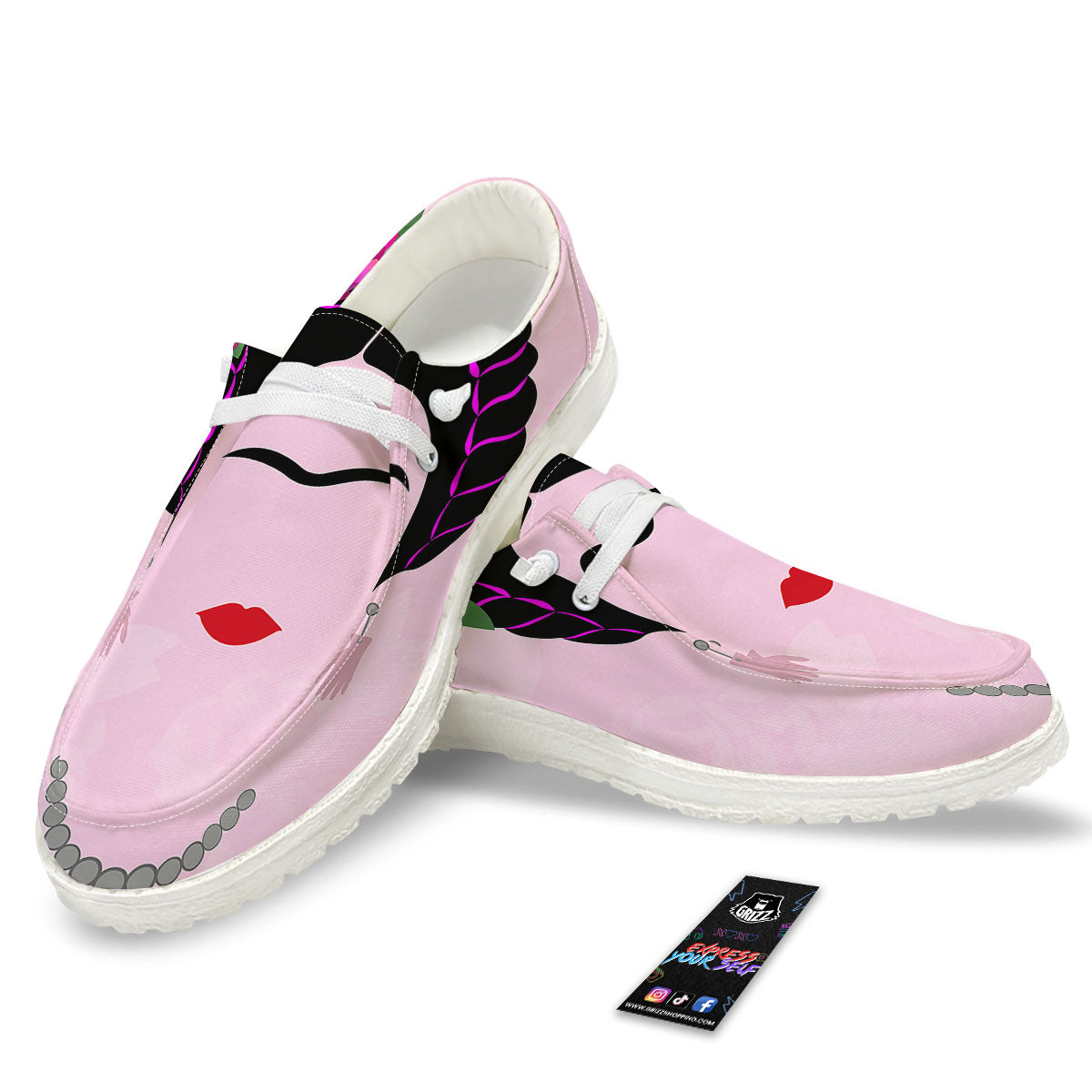 Pink Flower And Frida Kahlo Print White Loafers-grizzshop