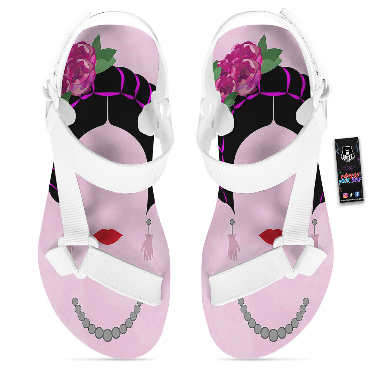 Pink Flower And Frida Kahlo Print White Open Toe Sandals-grizzshop