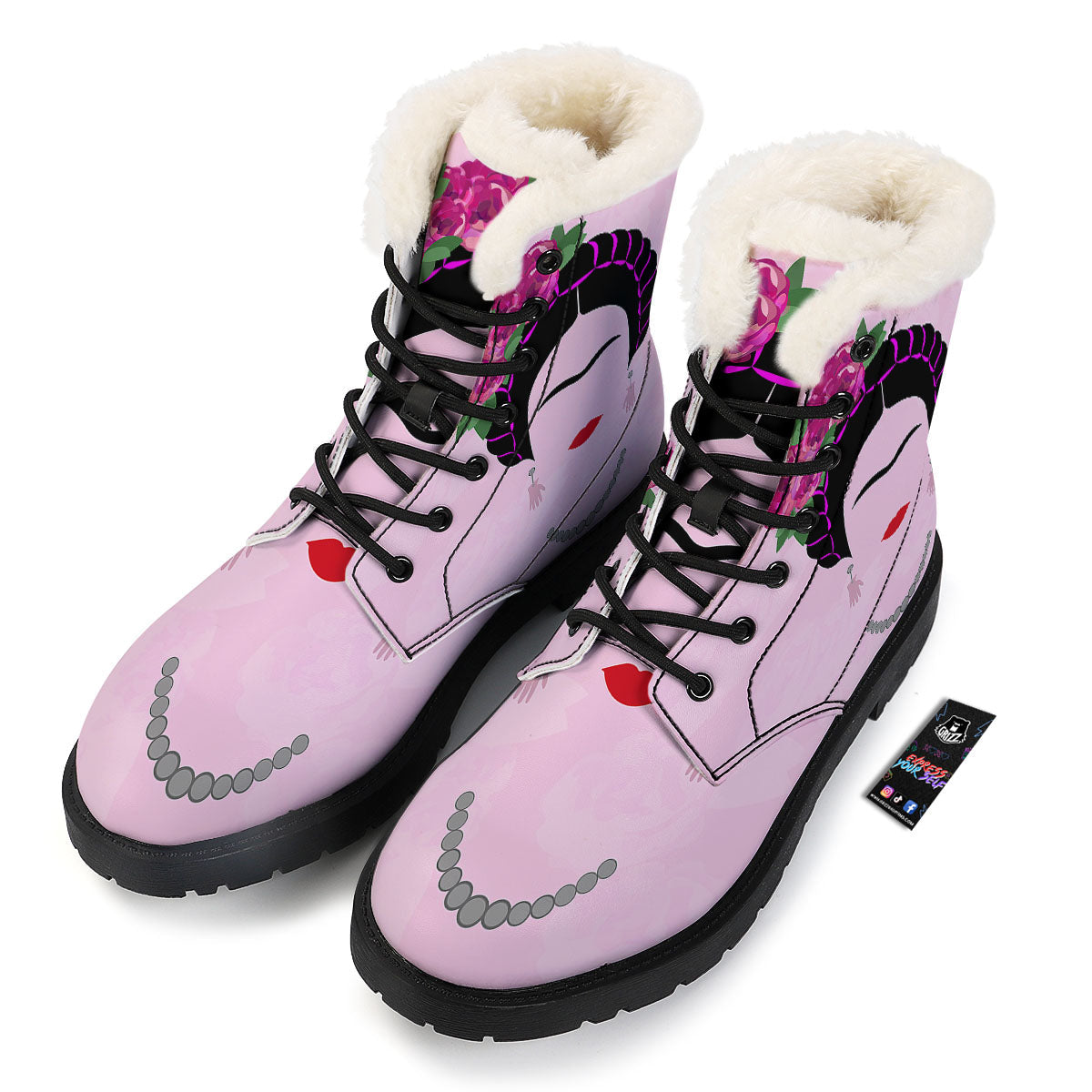 Pink Flower And Frida Kahlo Print Winter Boots-grizzshop