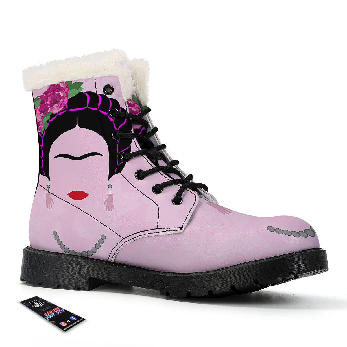 Pink Flower And Frida Kahlo Print Winter Boots-grizzshop