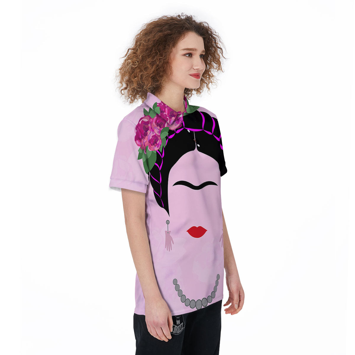 Pink Flower And Frida Kahlo Print Women's Golf Shirts-grizzshop