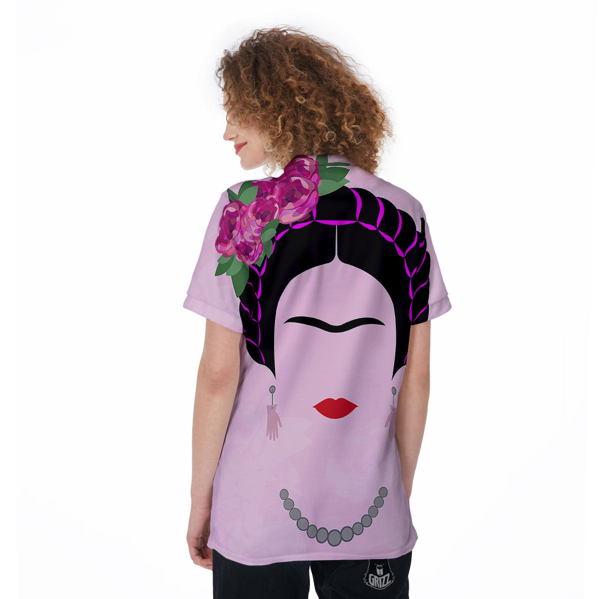 Pink Flower And Frida Kahlo Print Women's Golf Shirts-grizzshop