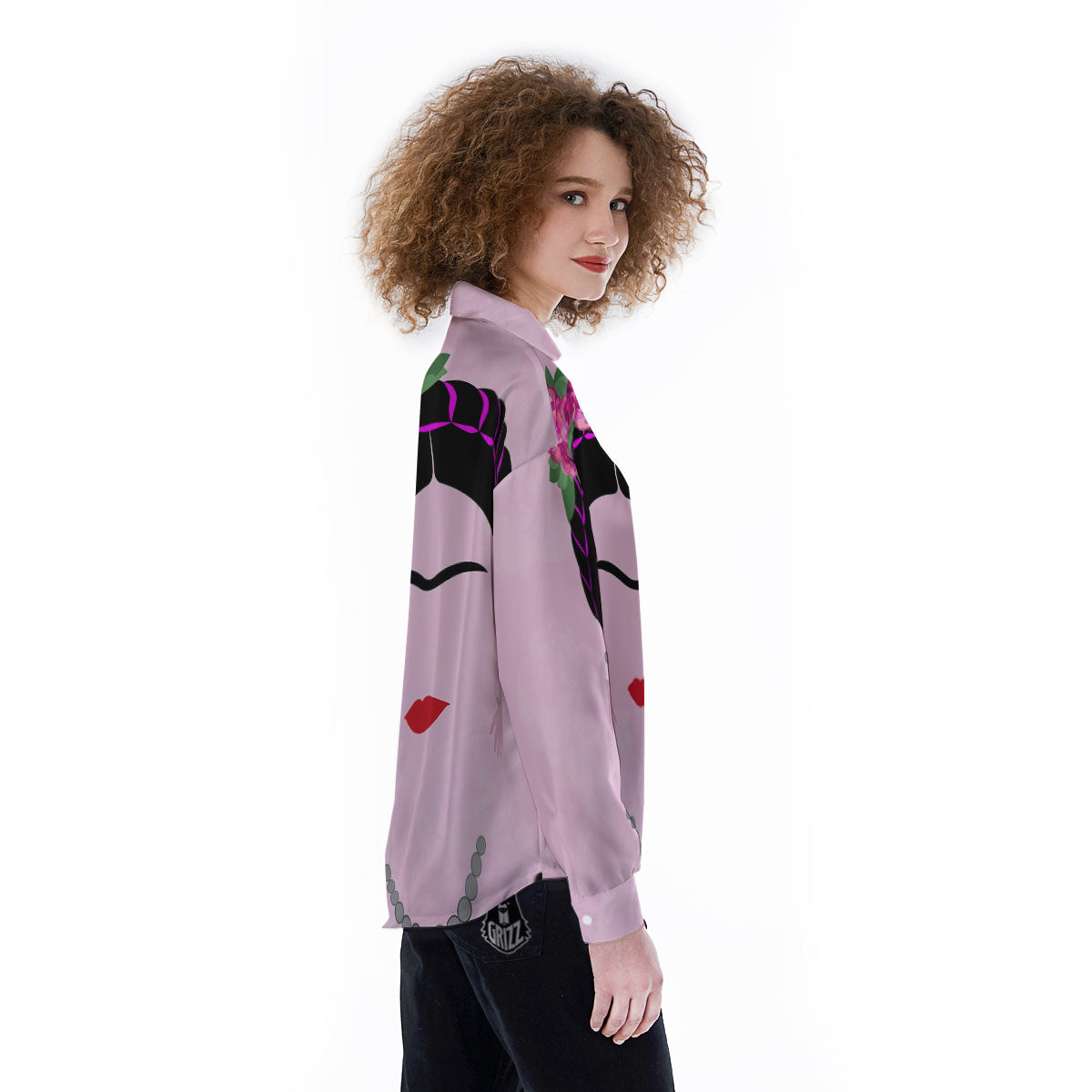 Pink Flower And Frida Kahlo Print Women's Long Sleeve Shirts-grizzshop
