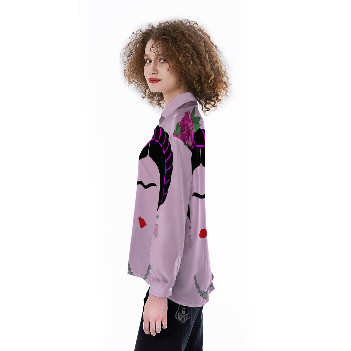 Pink Flower And Frida Kahlo Print Women's Long Sleeve Shirts-grizzshop