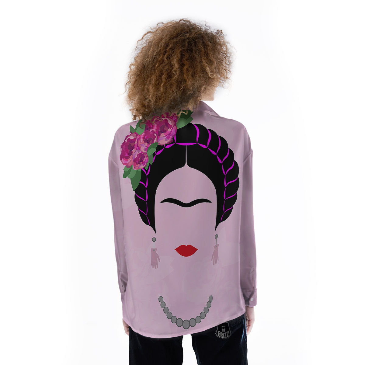 Pink Flower And Frida Kahlo Print Women's Long Sleeve Shirts-grizzshop