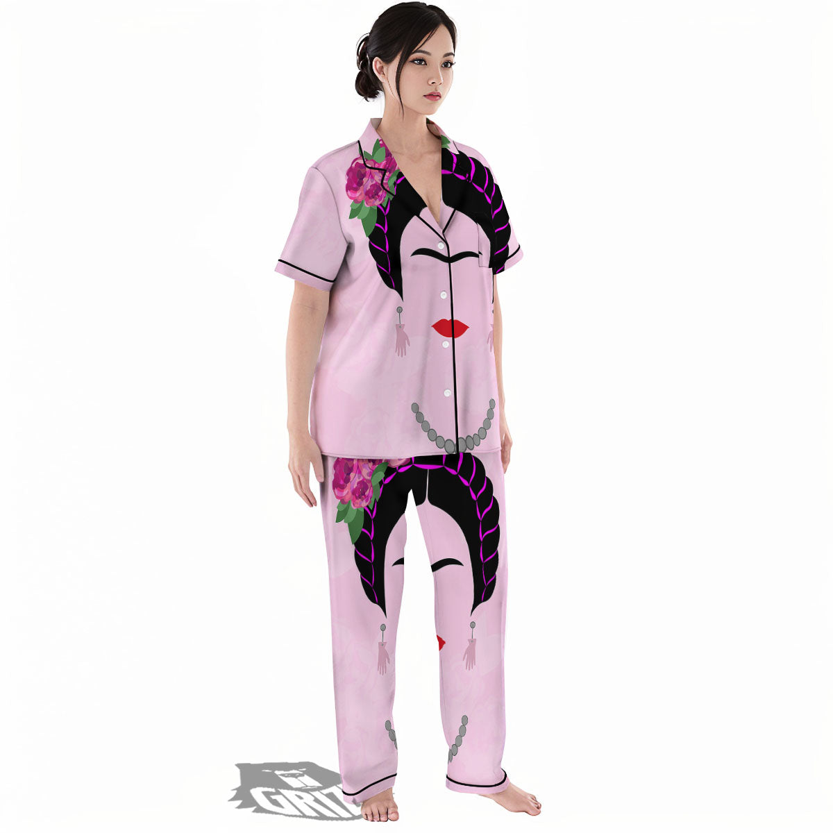 Pink Flower And Frida Kahlo Print Women's Pajamas Set-grizzshop