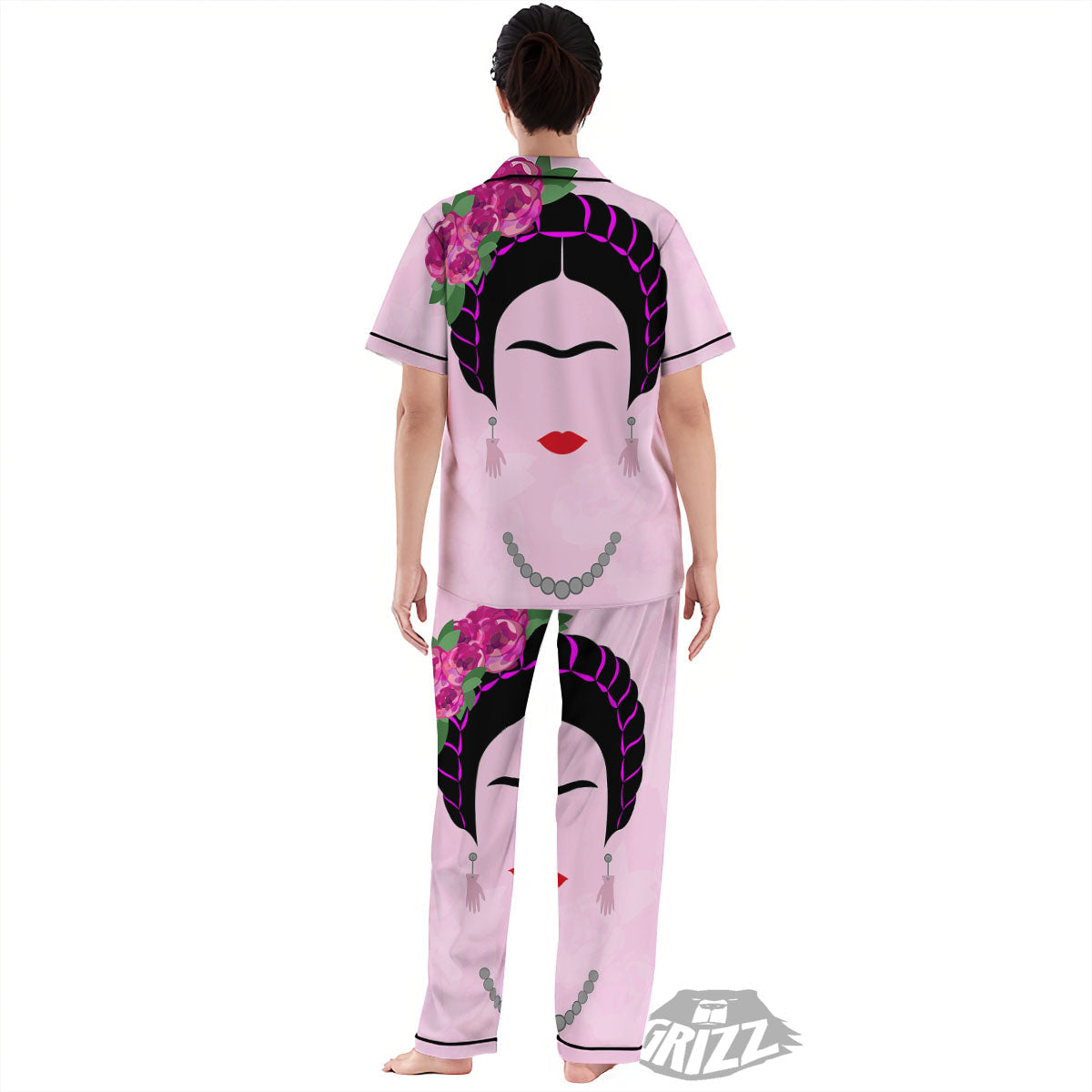 Pink Flower And Frida Kahlo Print Women's Pajamas Set-grizzshop