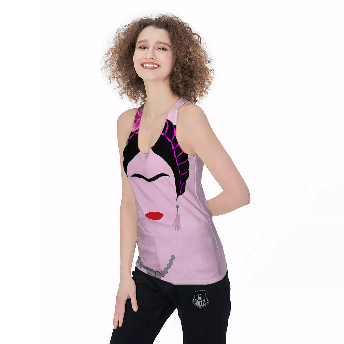 Pink Flower And Frida Kahlo Print Women's Racerback Tank Top-grizzshop