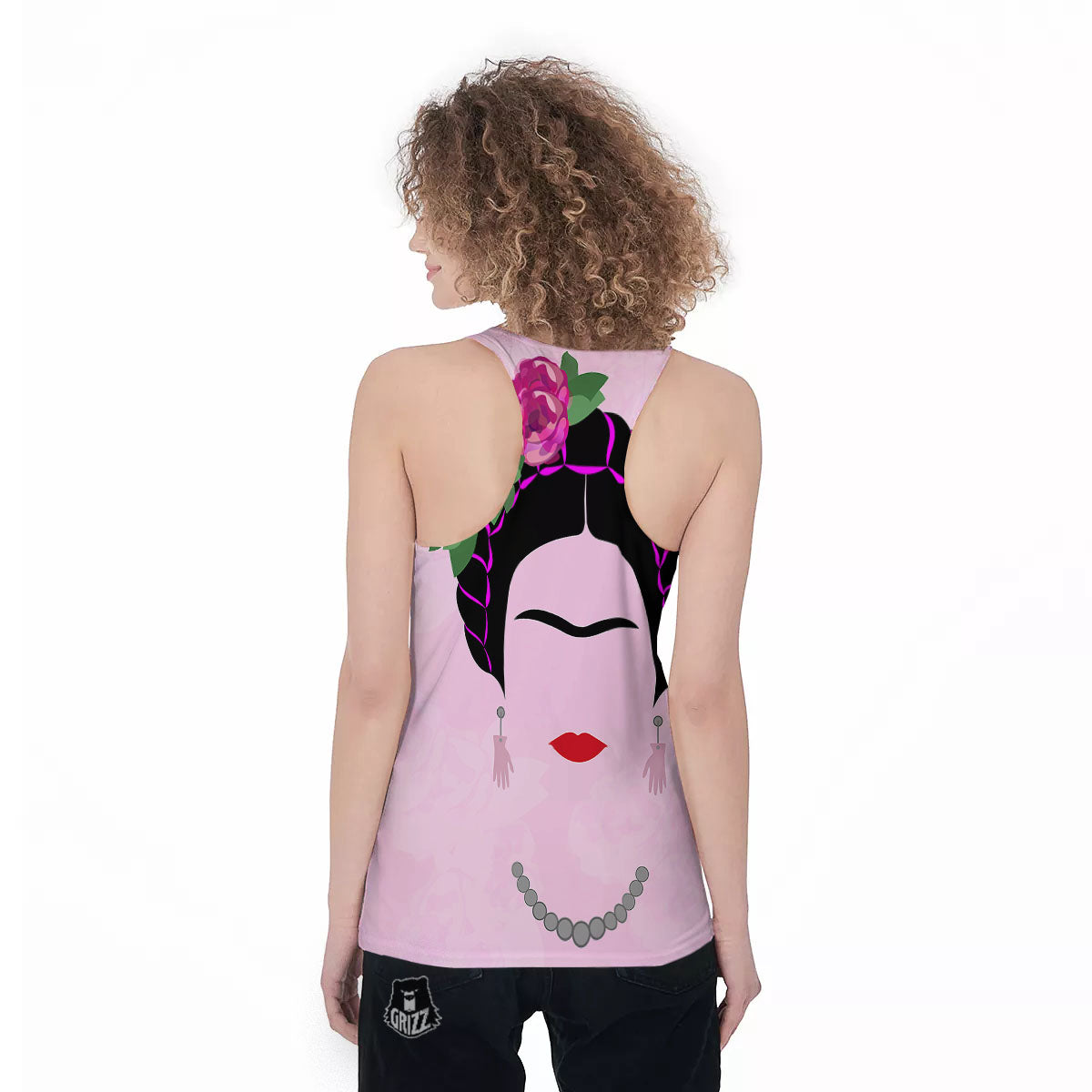 Pink Flower And Frida Kahlo Print Women's Racerback Tank Top-grizzshop