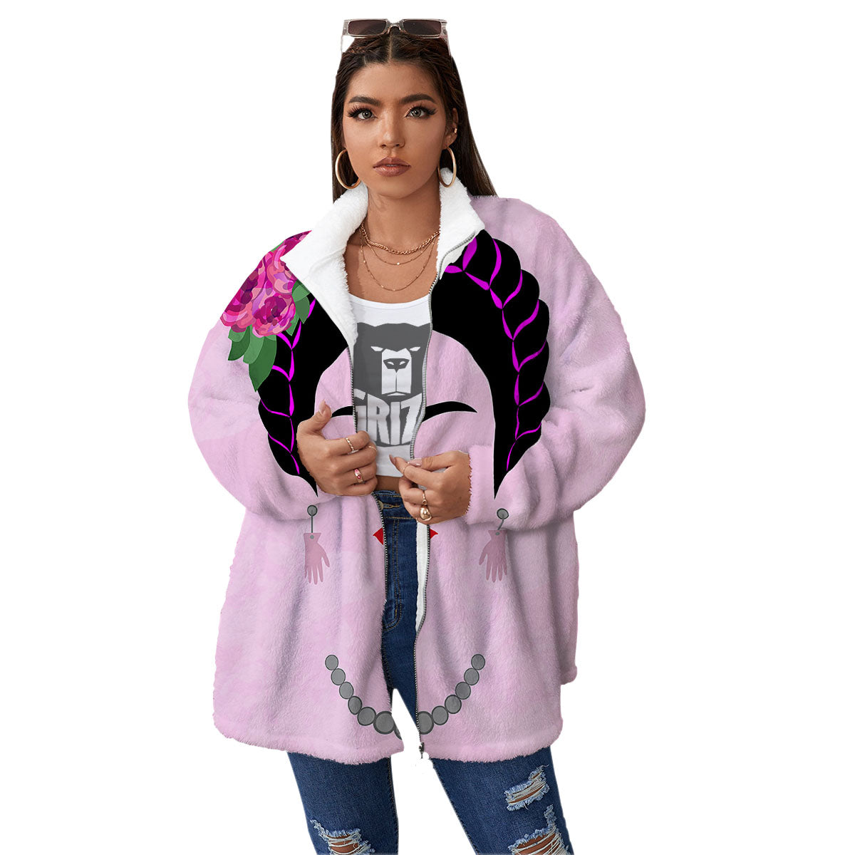 Pink Flower And Frida Kahlo Print Women's Sherpa Jacket-grizzshop