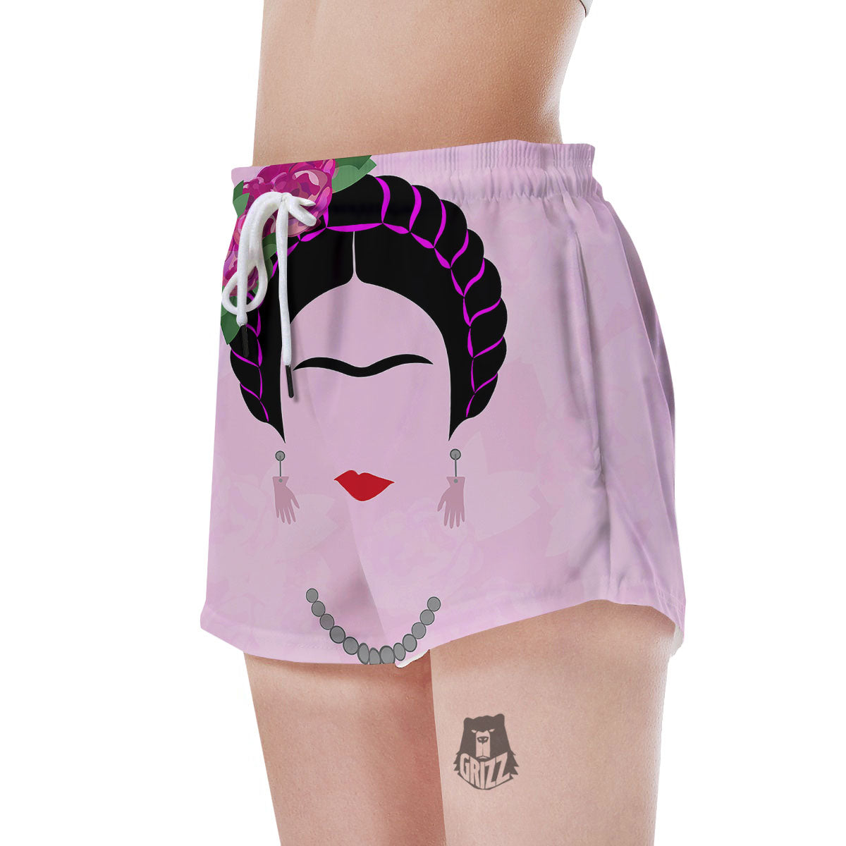 Pink Flower And Frida Kahlo Print Women's Shorts-grizzshop