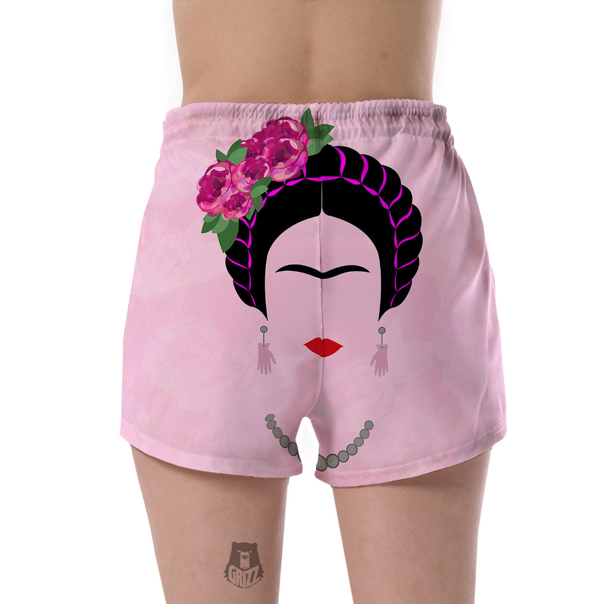 Pink Flower And Frida Kahlo Print Women's Shorts-grizzshop